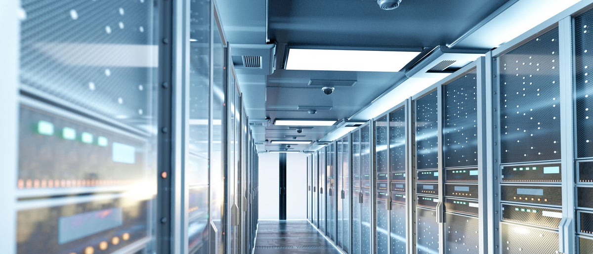 network server room with computers for digital communications and internet,abstract data concept,3d rendering.