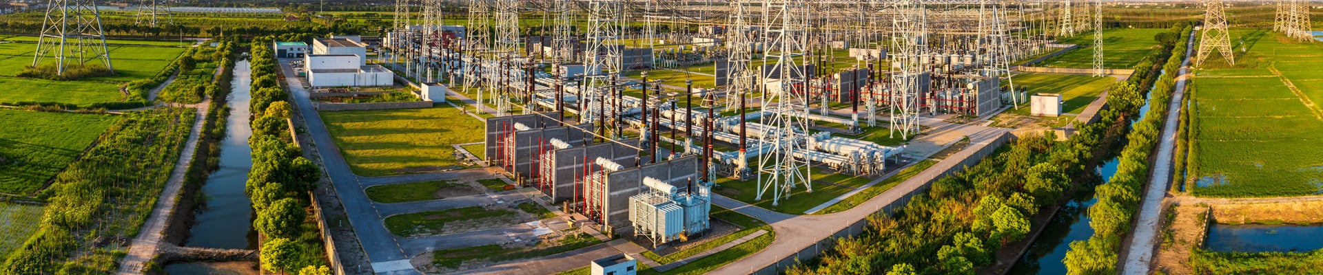 Aerial view of a high voltage substation.