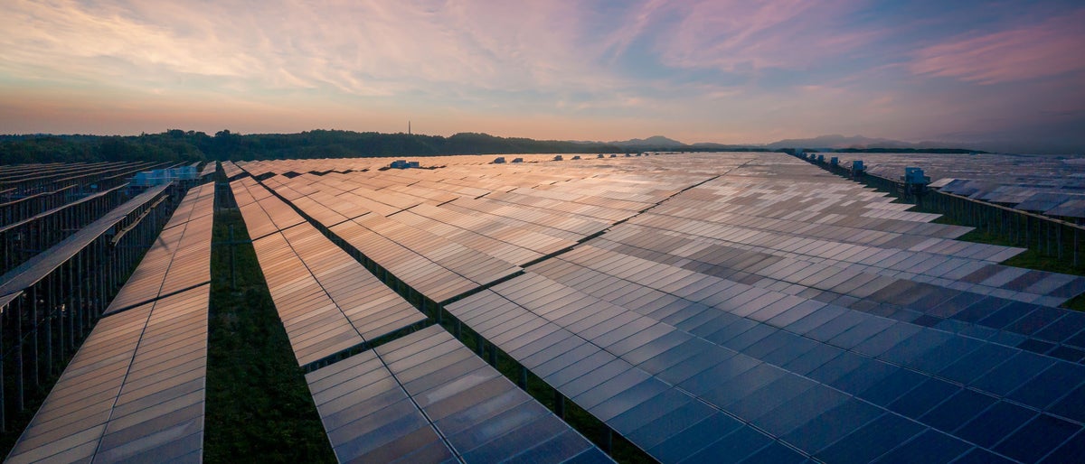 A solar photovoltaic plant in the sunset