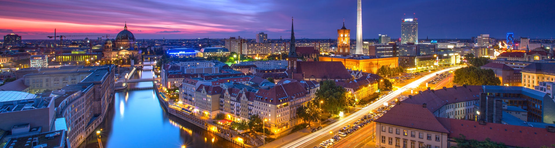 Berlin Skyline City Panorama with blue sky sunset and traffic - famous landmark in Berlin, Germany, Europe