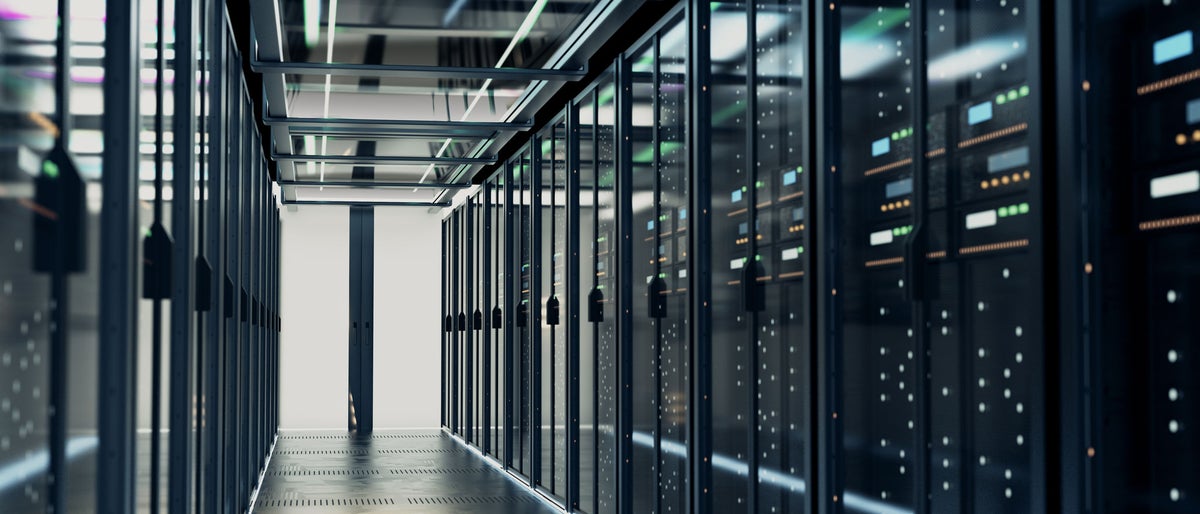 network server room with computers for digital tv ip communications and internet,3d rendering.