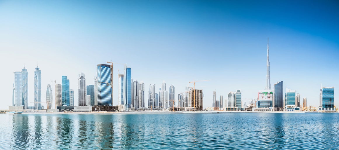 Views of Dubai skyline Business Bay with Burj Khalifa.