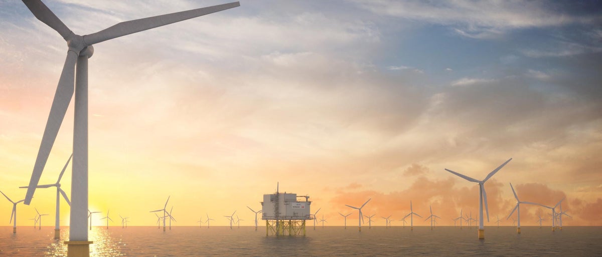windmills on a sunset for HVDC technology with Dogger Bank