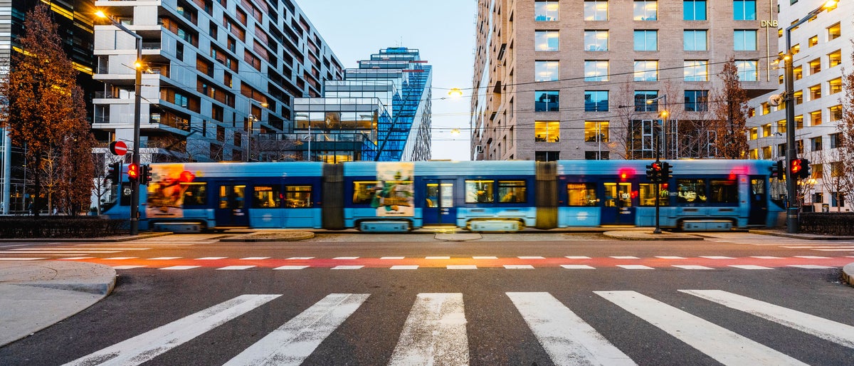 Tramway along Bjørvika's Barcode district, Oslo, Norway