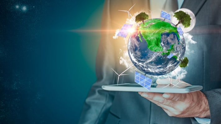 Businessman with Green planet. Renewable energy and efficency concept. 3D rendering. Environmental biodiversity. 3D rendering. Some Elements Of This Image Provided By NASA