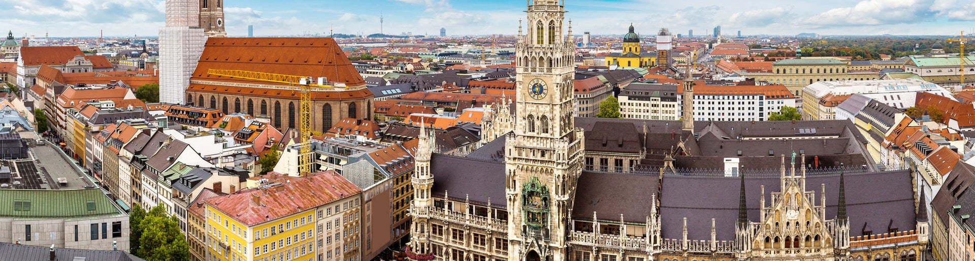 Aerial view on Marienplatz town hall and Frauenkirche in Munich, Germany