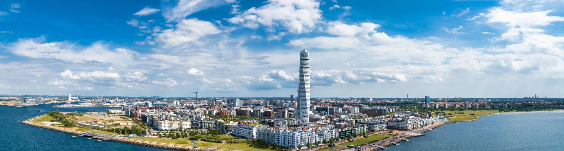 Beautiful aerial panoramic view of the Malmo city in Sweden. Turning Torso skyscraper in Malmo, Sweden.
