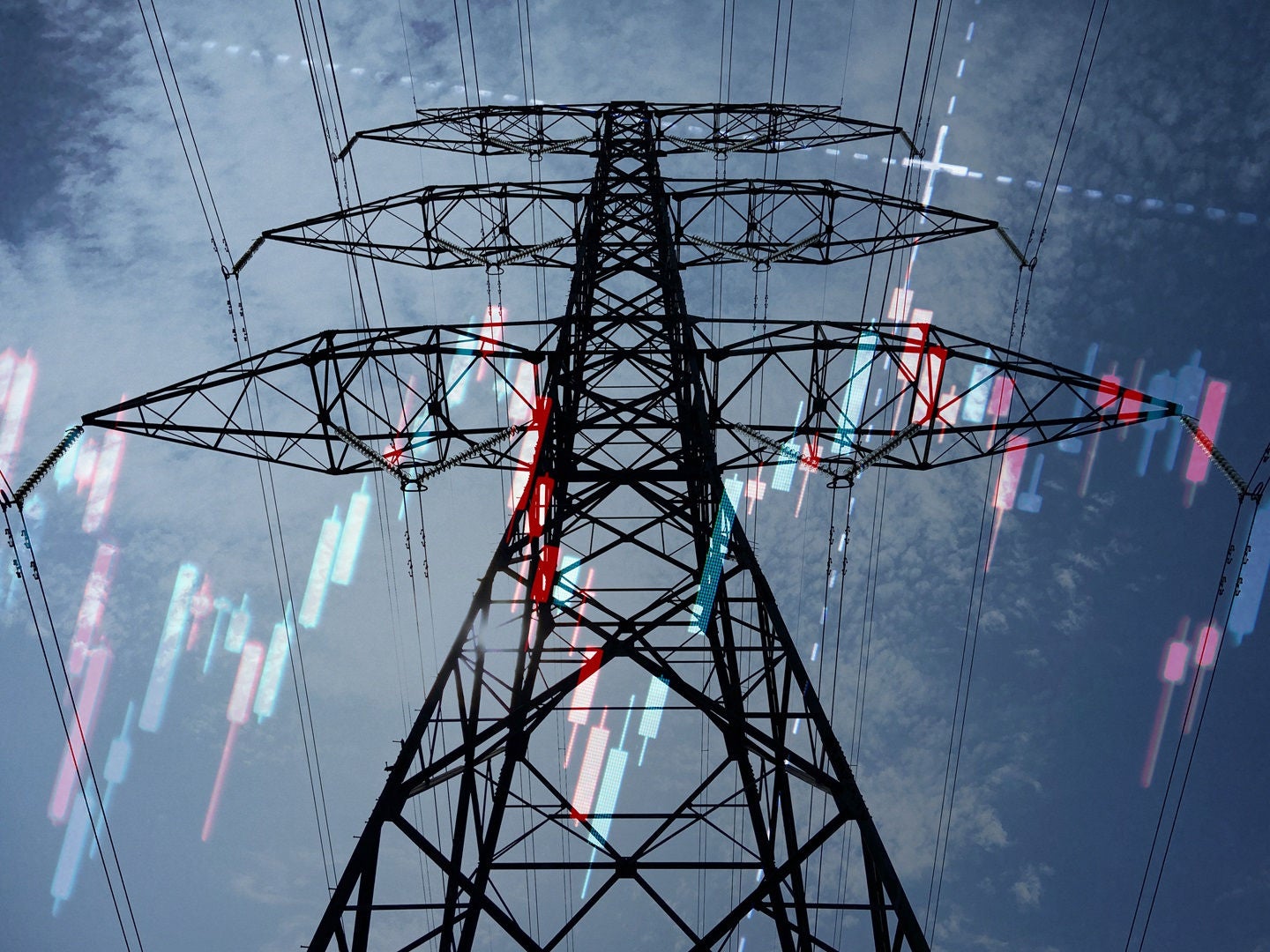 Energy export, energy prices increase concept with energy prices graphs, high voltage electric power lines and finance and economy graphs