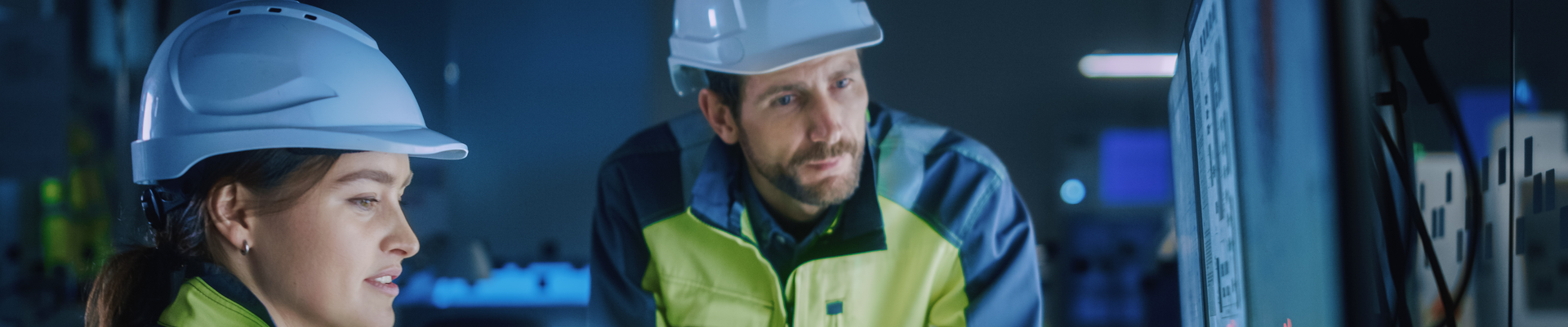 Industry 4.0 Modern Factory: Project Engineer Talks to Female Operator who Controls Facility Production Line, Uses Computer with Screens Showing AI, Machine Learning Enhanced Assembly Process