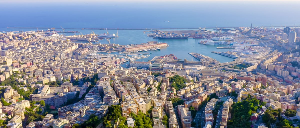 Genoa, Italy. Central part of the city, aerial view. Ships in the port, Aerial View  