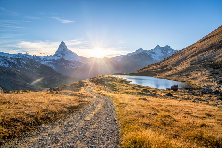 Stellisee and Matterhorn mountain in the Swiss Alps, Switzerland