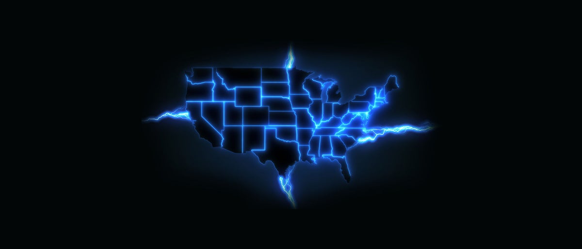 USA power grid - animation of blue lightning styled electrical arcs powering the United States of America, illustrating electrical energy generation, renewable sources of power and energy crisis