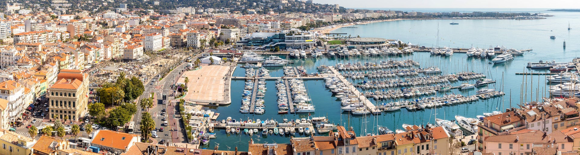 aerial view of Le Suquet- the old town and Port Le Vieux of Cannes, France Panorama