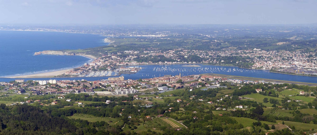 Panoramic of the border between Spain and France from Jaizkibel, are the towns of Hendaye, Hondarribia, and the French coast of the Atlantic Pyrenees