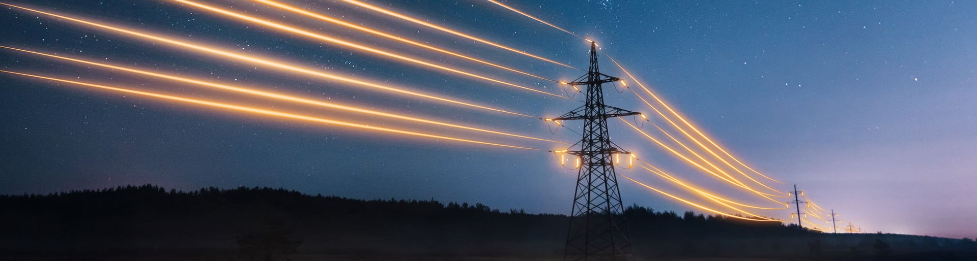 Electricity transmission towers with orange glowing wires the starry night sky. Energy infrastructure concept.
