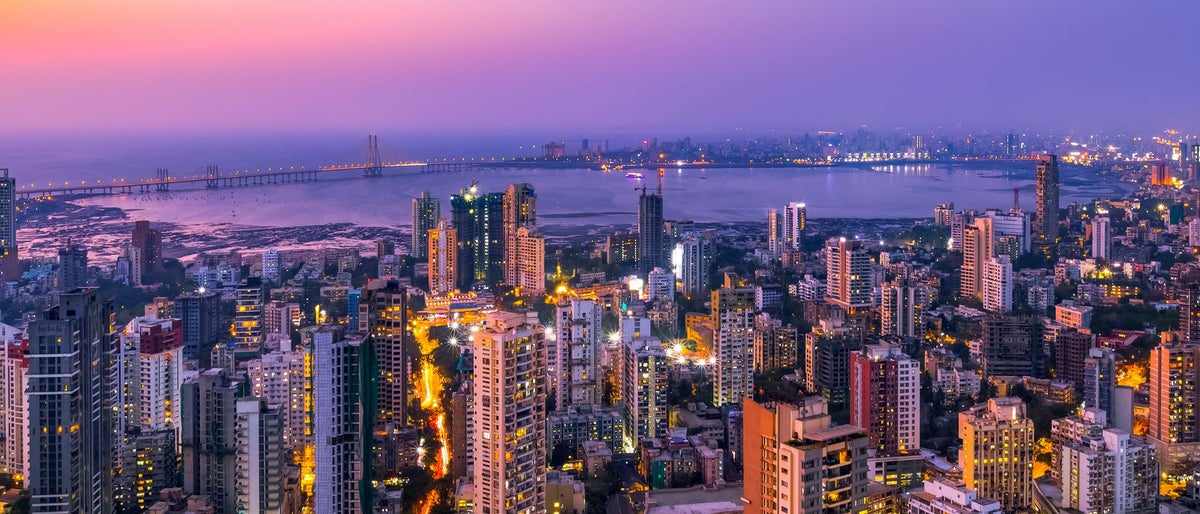 Mumbai's cityscape around the Bandra Worli Sea Link as seen from the top of a 240 metre tall tower. This is the skyline of Prabhadevi and Dadar in Mumbai. 