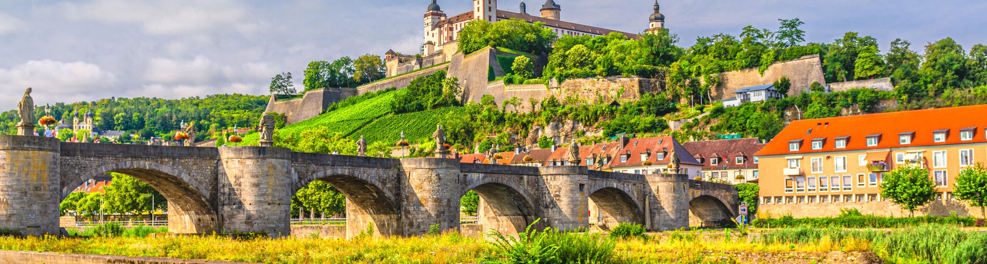 Wurzburg cityscape, Wurzburg old town with Marienberg Fortress Festung on Mary's Mount hill, Old Main Bridge across Main river in Wurzburg city historical center Mitte, Bavaria state, Germany