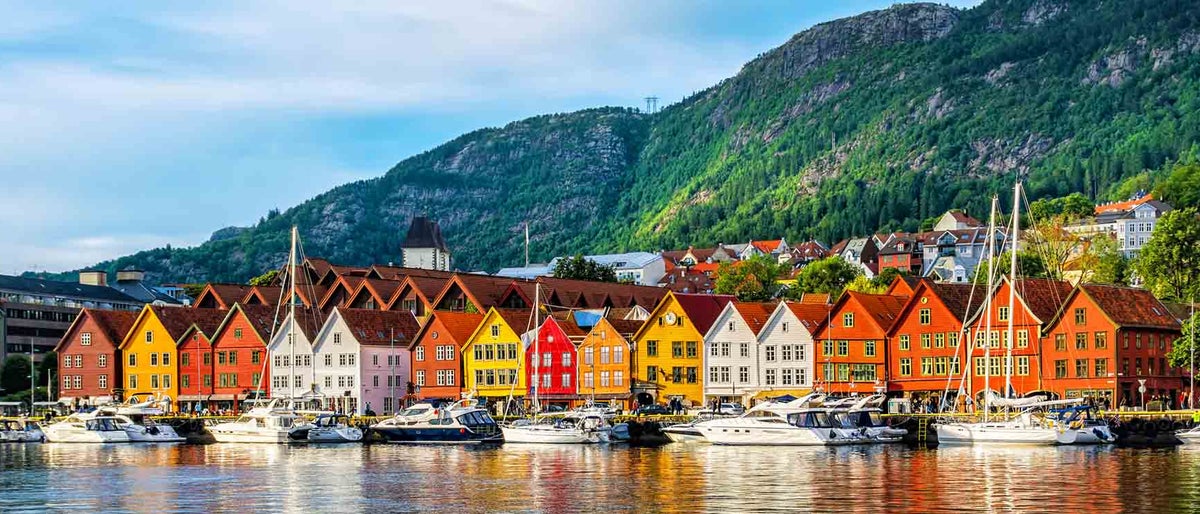 Bergen, Norway. View of historical buildings in Bryggen- Hanseatic wharf in Bergen, Norway. UNESCO World Heritage Site