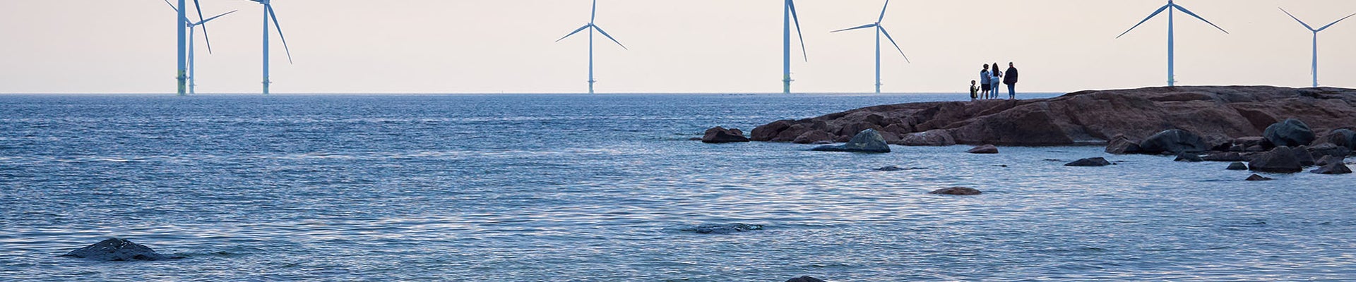 People watching wind mill power generator farm for renewable energy production along coast of Finland.
