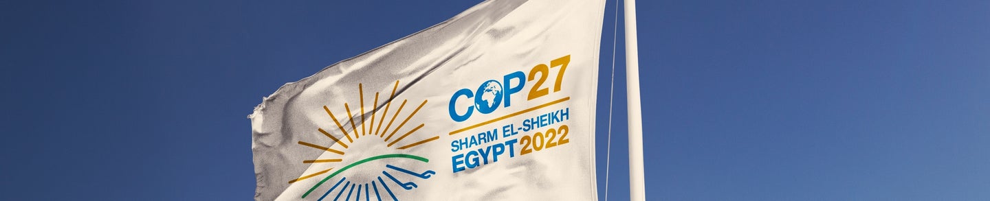 June 14, 2022, Brazil. The 2022 United Nations Climate Change Conference COP27 soon appears on a flag. Event will be on 7-18 November 2022, in Sharm El-Sheikh, Egypt