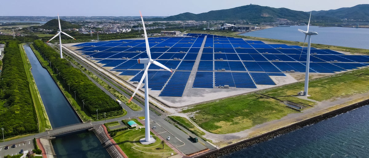 Solar power farm aerial view. Renewable energy.