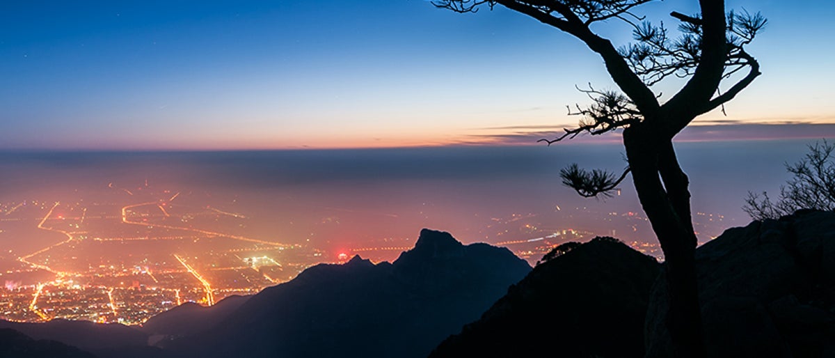 Night view of Tai'an city from the summit of Taishan, China