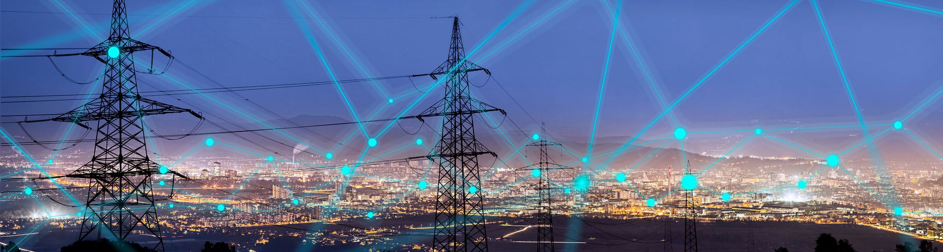 High power electricity poles in urban area connected to smart grid. Energy supply, distribution of energy, transmitting energy, energy transmission, high voltage supply concept photo. 