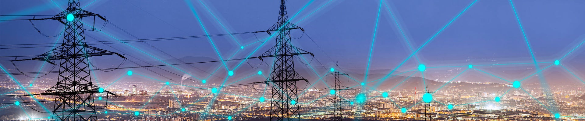 High power electricity poles in urban area connected to smart grid. Energy supply, distribution of energy, transmitting energy, energy transmission, high voltage supply concept photo. 