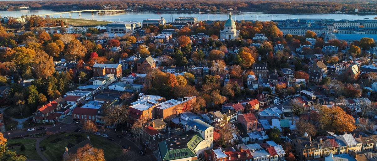 An aerial view of historic Annapolis, situated on the Chesapeake Bay, during an early November morning. 